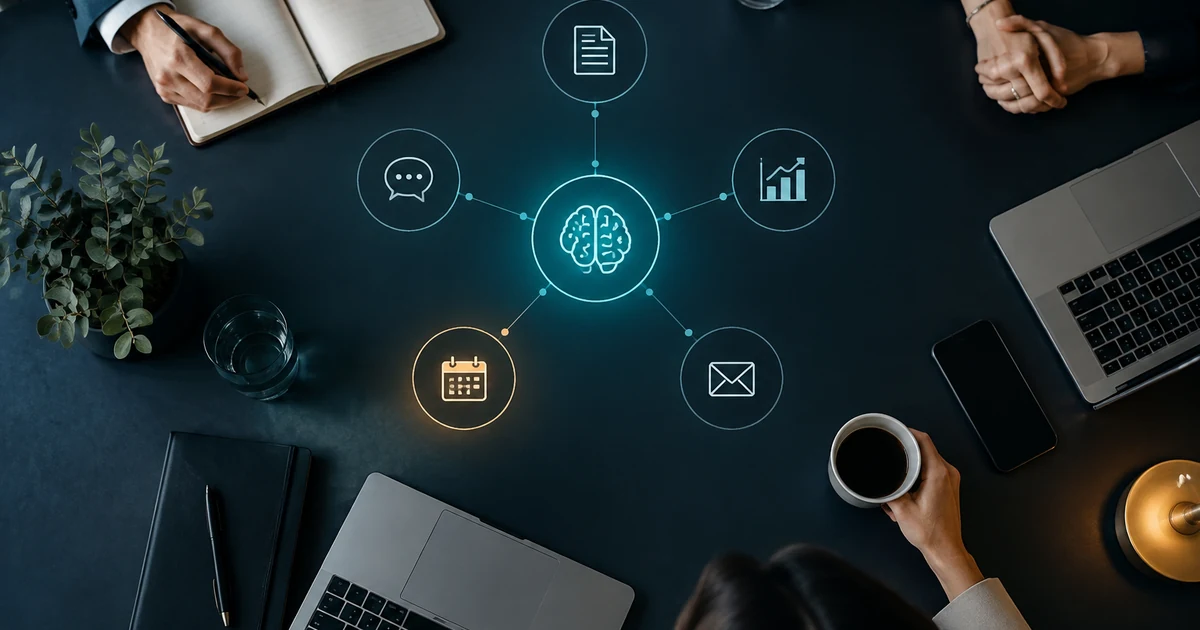 Mesa de trabajo con iconos que representan los usos de la IA en la empresa